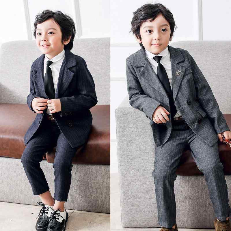 スーツ キッズ 男の子 春秋 ストライプ ジャケット 長袖 長ズボン 2点セット 韓国風 ダブルボタン 綿混素材 フォーマル セレモニー 入園式 卒園式 発表会