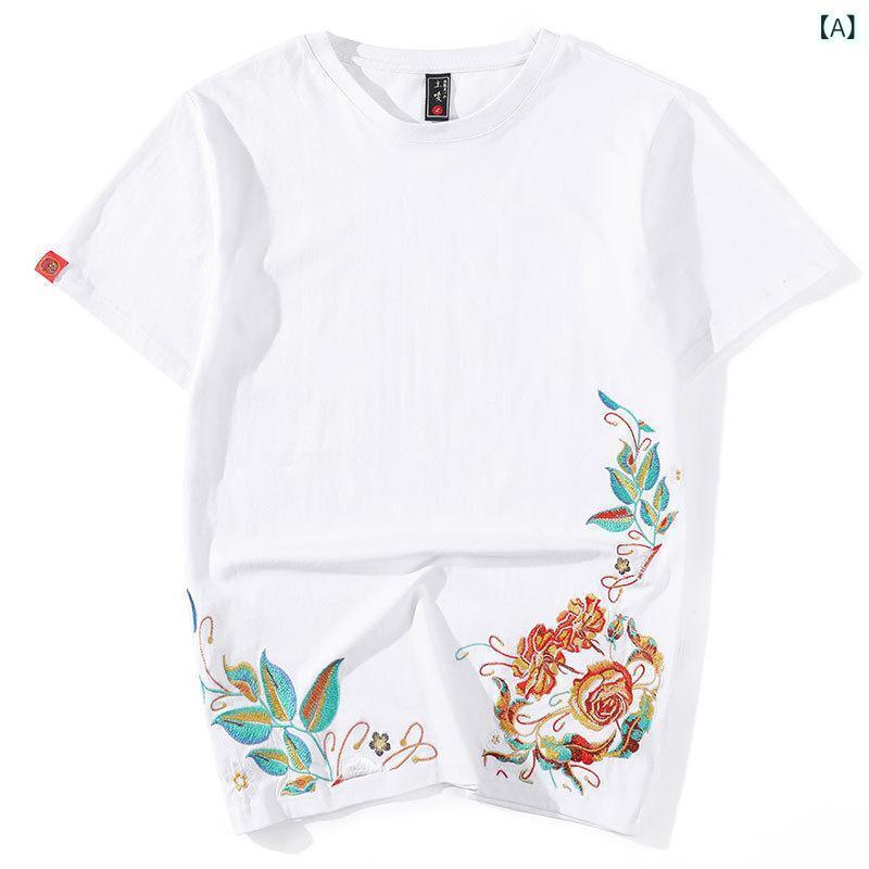 Tシャツ メンズ 中国風 オリジナル 花柄刺繍 ゆったり ビッグシルエット オーバーサイズ 綿 コットン 半袖 クルーネック 丸首 カップル ペアルック 春夏 カジュアル ファッション
