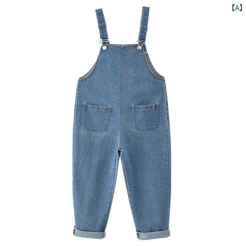 パンツ キッズ 女の子 韓国風 おしゃれ デニム ジーンズ サロペット オーバーオール 綿 コットン 無地 ハイウエスト 春夏 ブルー 普段使い カジュアル