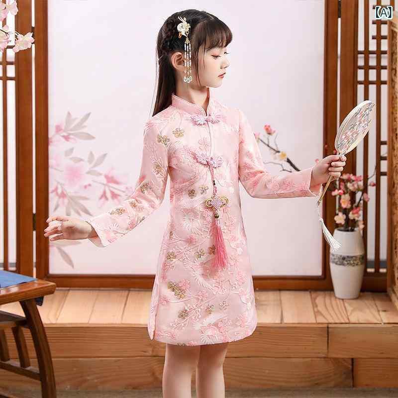 チャイナドレス キッズ 女の子 中国風 漢服 刺繍 花柄 綿 厚手 裏起毛 ワンピース 春秋 柔らか素材 かわいい プリンセス お出かけ ロング ピンク レッド 水色