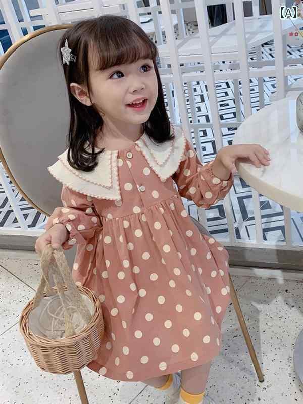 ワンピース ガールズ 女児 キッズ 長袖 ドット柄 ドールカラー コットン素材 Aライン プリンセスライン 韓国風 おしゃれ かわいい 秋冬 普段着 お出かけ