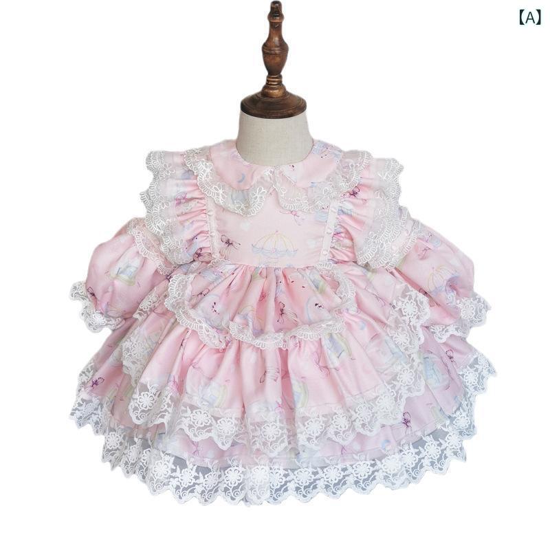 ワンピース 女の子 キッズ 幼児 ロリータ プリンセス フリル ボリューム スパニッシュドレス 長袖 レース ピンク ポリエステル コットン お出かけ 普段使い 春夏