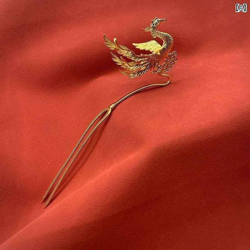 かんざし 髪飾りつけ 純銀 金メッキ 鳳凰画題 立体捏ち上げる 手作り 和装 華燭の典 華燭の典 交歓会 漢服 普段使い走り レトロ 古典派音楽 フォーマル 髪の毛付属物
