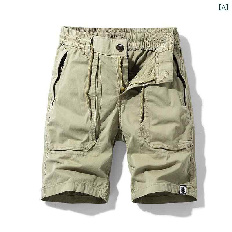 カーゴハーフパンツ メンズ 5分丈 綿 コットン 夏 薄手 軽量 通気性 ゆったり ストレート ミッドライズ マルチポケット カジュアル スポーツ アウトドア 普段使い 微ストレッチ ウォッシュ加工 カーキ