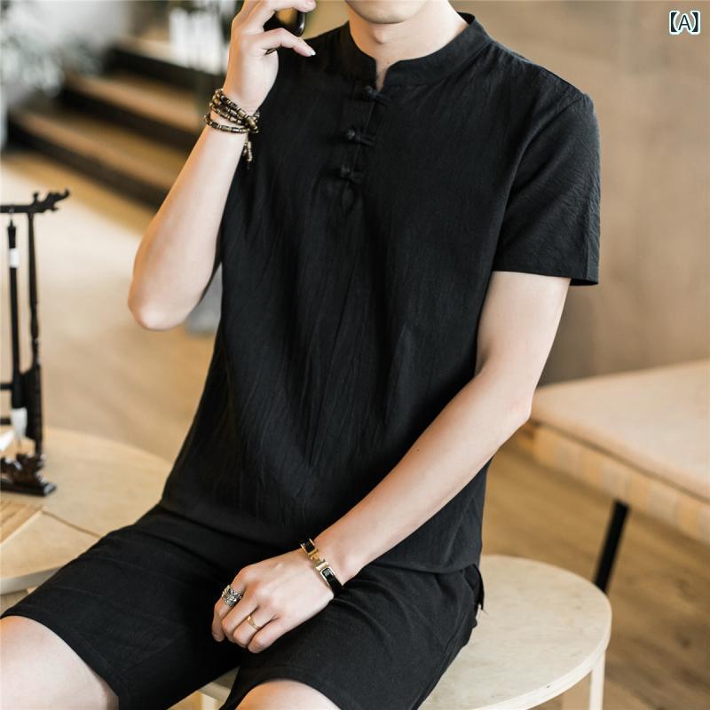 セットアップ メンズ 男性用 夏用 中国風 綿麻 リネン 半袖 Tシャツ ショートパンツ 短パン 上下セット ゆったり ルーズフィット 大きいサイズ ビッグシルエット レトロ 普段使い リラックスウェア 飾りボタン