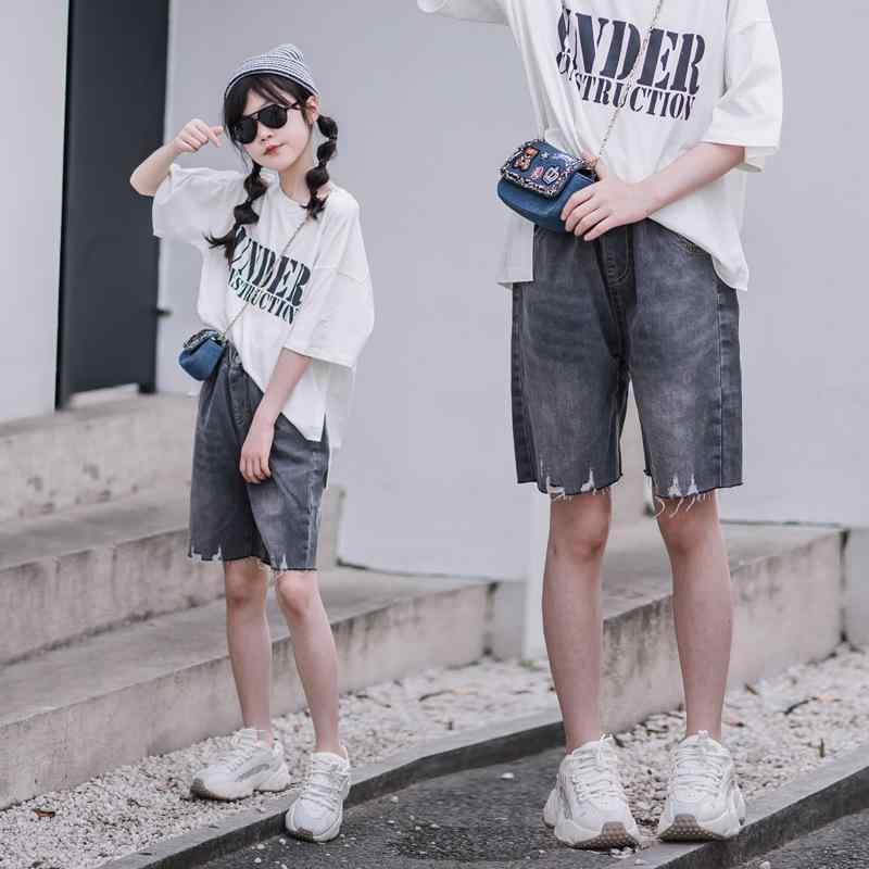 デニム ショートパンツ 女の子 キッズ ジュニア 五分丈 ハーフパンツ 夏物 綿素材 薄手 韓国風 おしゃれ カジュアル 普段使い 無地 ゴムウエスト ミドルウエスト グレー