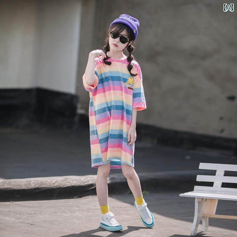 Tシャツワンピース ガールズ キッズ 韓国風 半袖 ロング丈 マキシ丈 夏 コットン 薄手 軽量 かわいい キュート ゆったり ルーズ おしゃれ トレンド Aライン レインボーボーダー