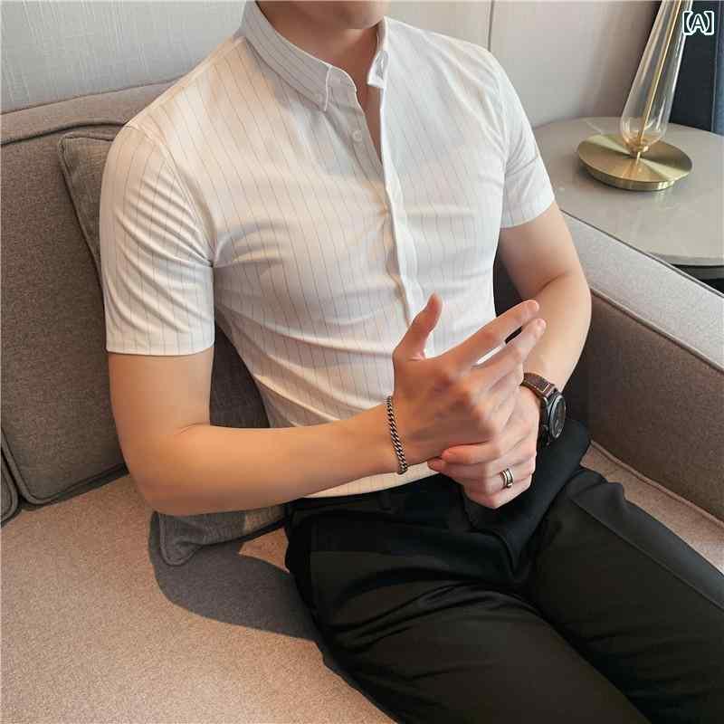 シャツ メンズ 半袖 ストライプ柄 スリムフィット 細身 ストレッチ コットン 綿 清涼 快適 ビジネス 通勤 カジュアル 防シワ イージーケア 夏服 韓国ファッション ホワイト ブラック グレー グリーン