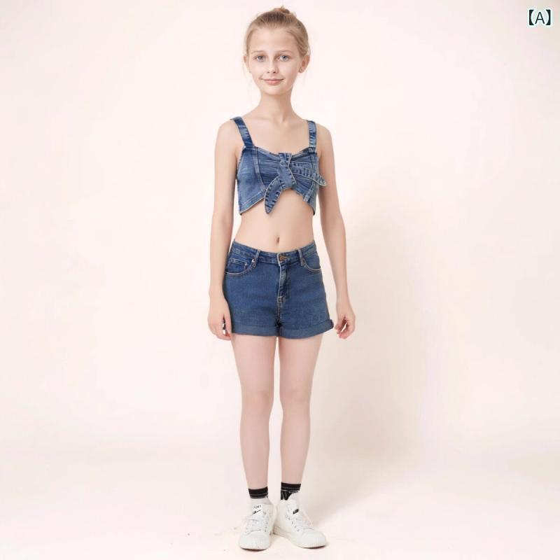 キッズ 女の子 セットアップ INS風 トレンド カジュアル 夏 キャミソール ノースリーブ デニム ショートパンツ 2点セット パンツスタイル 普段使い 無地 綿 コットン