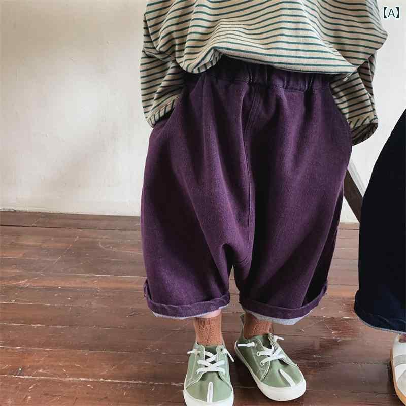 子供服 ボトムス 男女兼用 春秋 コットン 伸縮性 ストレッチ 柔らかい ゴムウエスト ハイウエスト ゆったり ルーズ ワイドパンツ クロップド 七分丈 デニム ジーンズ カジュアル 普段使い