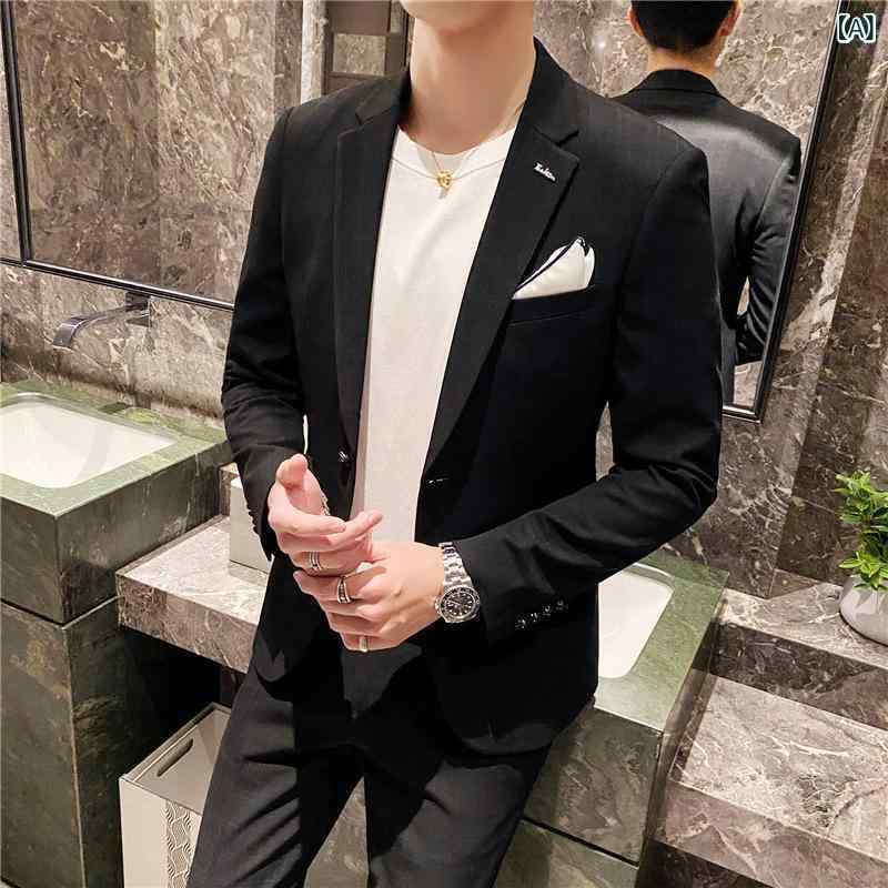 スーツ メンズ セットアップ ジャケット ブレザー アウター 混合繊維 アセテート ビジネス オフィス 通勤 フォーマル 結婚式 ゲスト パーティー カジュアル スリムフィット 細身 韓国風 ブリティッシュ イギリス風 2点セット