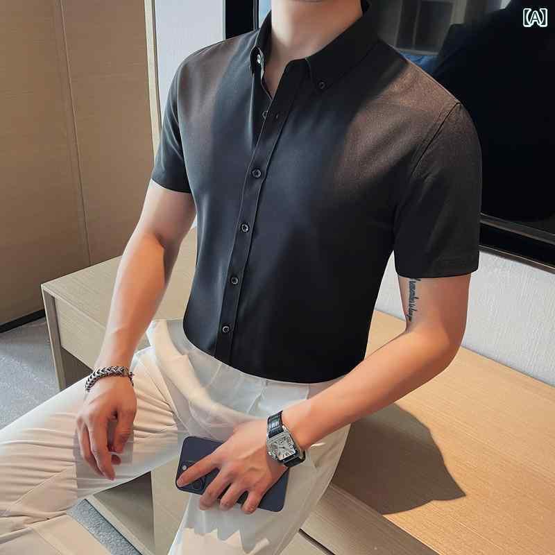 シャツ メンズ 男性用 半袖 夏 無地 ビジネス 通勤 ワイシャツ 形態安定 スリムフィット 綿混 ポリエステル レギュラーカラー ブラック ホワイト オフィス カジュアル 上質