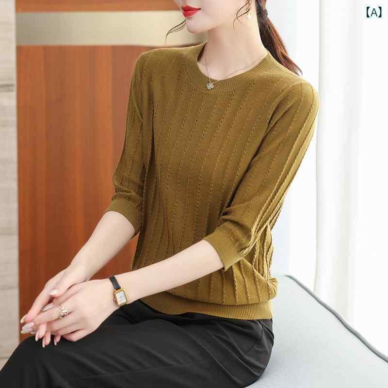 ニット ミセス レディース 春 秋 七分袖 薄手 ゆったり クルーネック 細見え 若見え 上品 ウール混 トップス カットソー 通勤 オフィス カジュアル