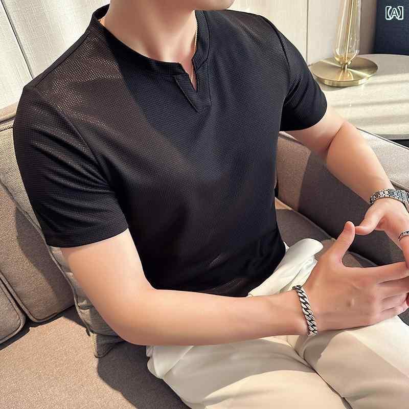 Tシャツ メンズ 男性用 光沢感 チェック柄 伸縮性 通気性 接触冷感 薄手 Vネック スリムフィット 半袖 ポリエステル ストレッチ素材 春夏 カジュアル 普段使い