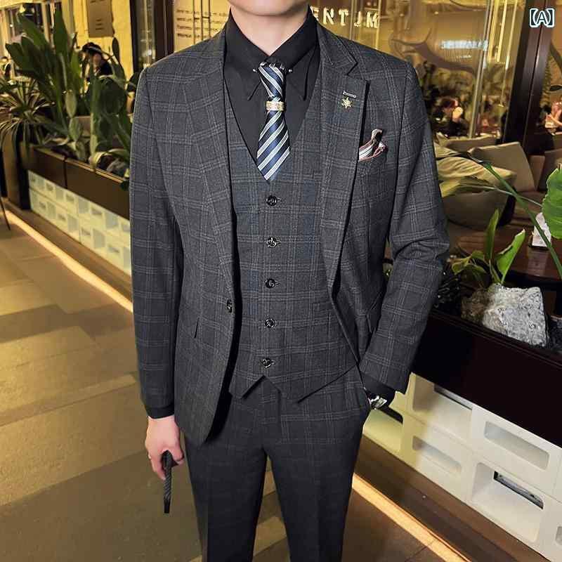 スーツ メンズ 男性用 秋冬 シングルボタン スリーピース チェック柄 グレンチェック スリムフィット 細身 カジュアル ライトビジネス オフィスカジュアル 結婚式 二次会 パーティー 披露宴 フォーマル 混紡素材 レーヨン混 ダークグレー ネイビー ブ｜Hanbok Home