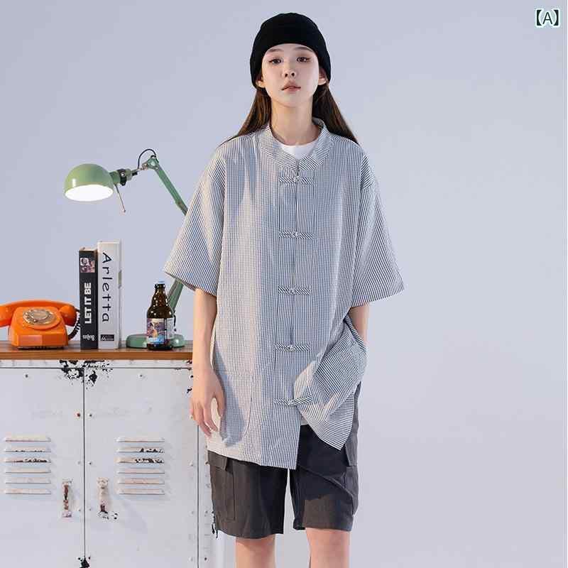 シャツ メンズ 春夏 中国風 唐装 禅服 綿麻 コットンリネン ストライプ 半袖 立ち襟 スタンドカラー ビッグシルエット 飾りボタン 部屋着 リラックス カジュアル トップス