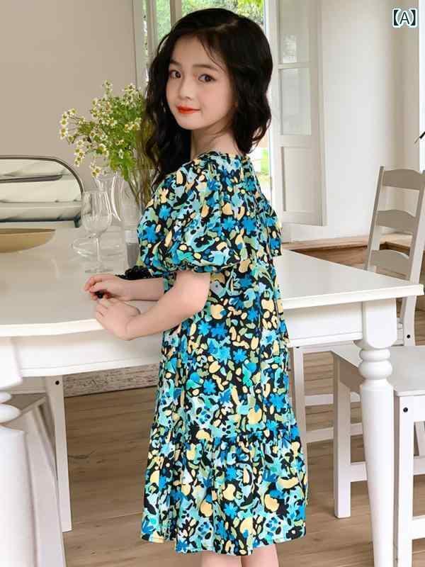 ワンピース ガールズ 女の子 小学生 中学生 コットン 花柄 フラワー柄 パフスリーブ フリル Aライン リゾートドレス 親子コーデ サマー かわいい おしゃれ