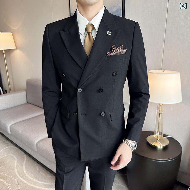 スーツ メンズ 男性用 ダブルボタン 薄手 スリムフィット 高品質 カジュアル ビジネス セットアップ 綿混紡 ジャケット スラックス ブラック グレー ブルー