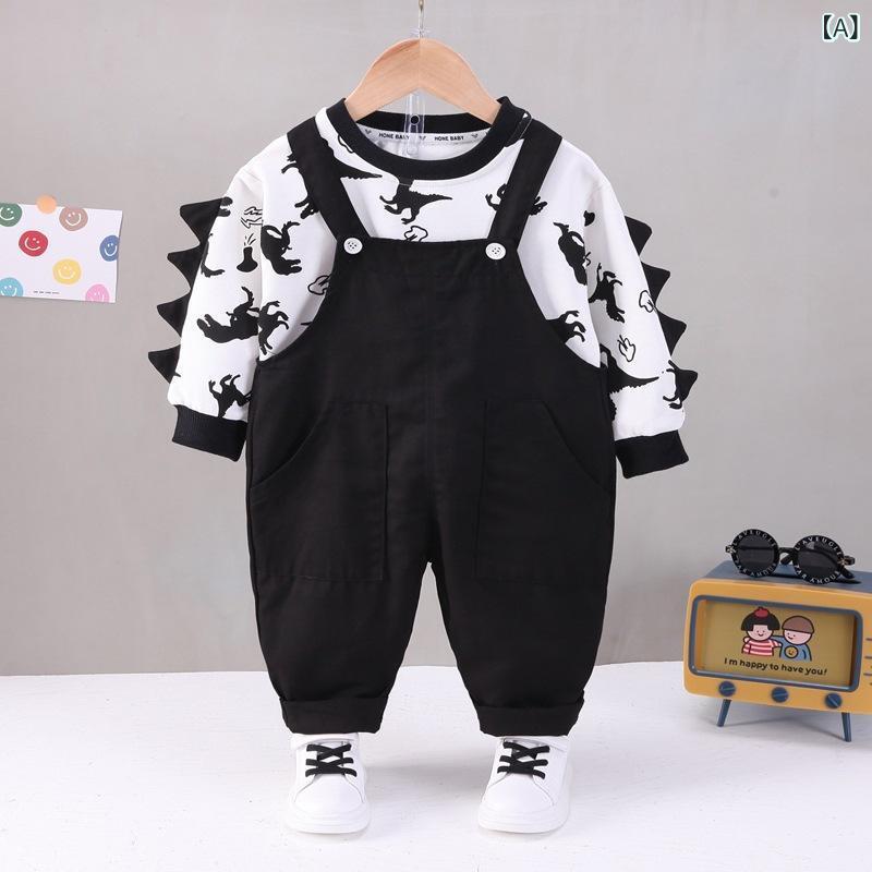セットアップ 男の子 ベビー キッズ 乳幼児 キャラクター 恐竜柄 かわいい サロペット オーバーオール 長袖トップス ロングパンツ 2点セット 綿 コットン 柔らかい肌触り 春秋 カジュアル 普段使い 男女兼用 グリーン ブラック