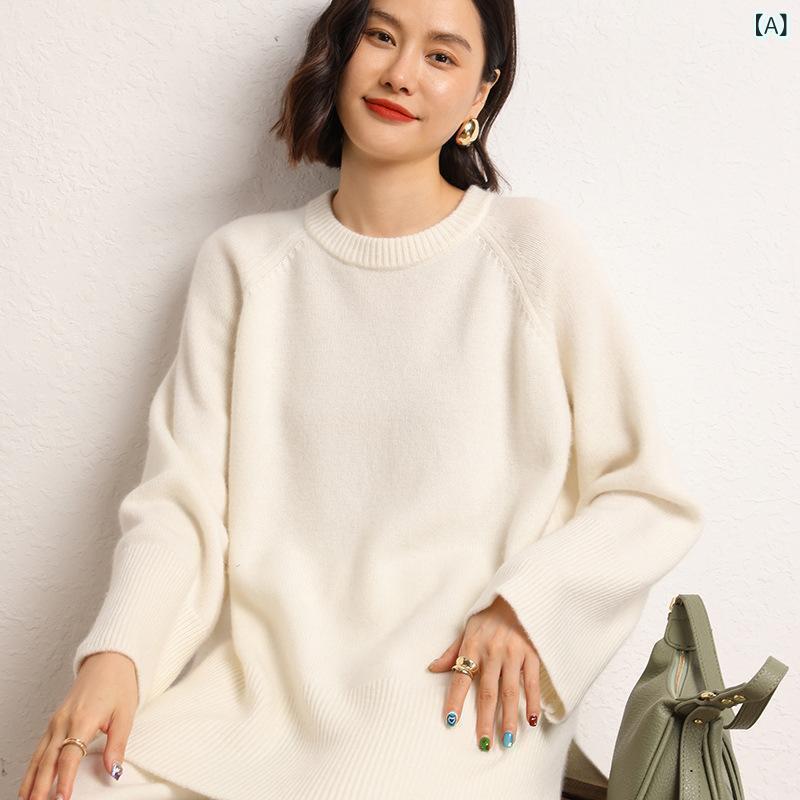 セーター レディース 秋冬 カシミヤ ヤギウール ショート丈 ラグランスリーブ クルーネック 丸首 ゆったり リラックスフィット 厚手 無地 スリット ニット トップス 通勤 オフィス デイリーユース エレガント きれいめ