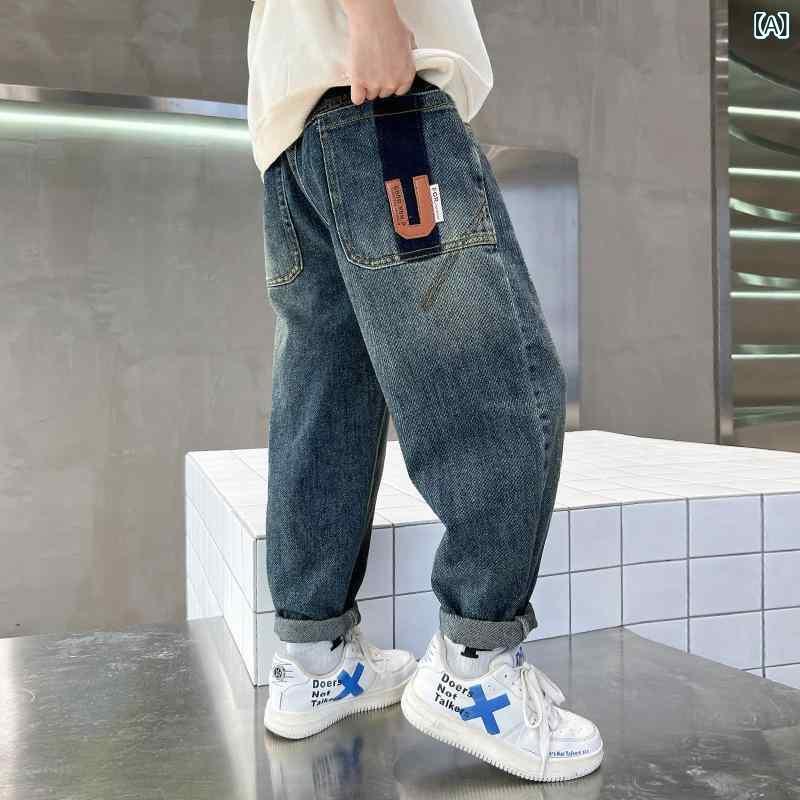 デニムパンツ 男の子 キッズ ジュニア 春秋 カジュアル ロングパンツ ゆったり ルーズ おしゃれ ソフトな肌触り ウエストゴム 中腰 ブルー 韓国風