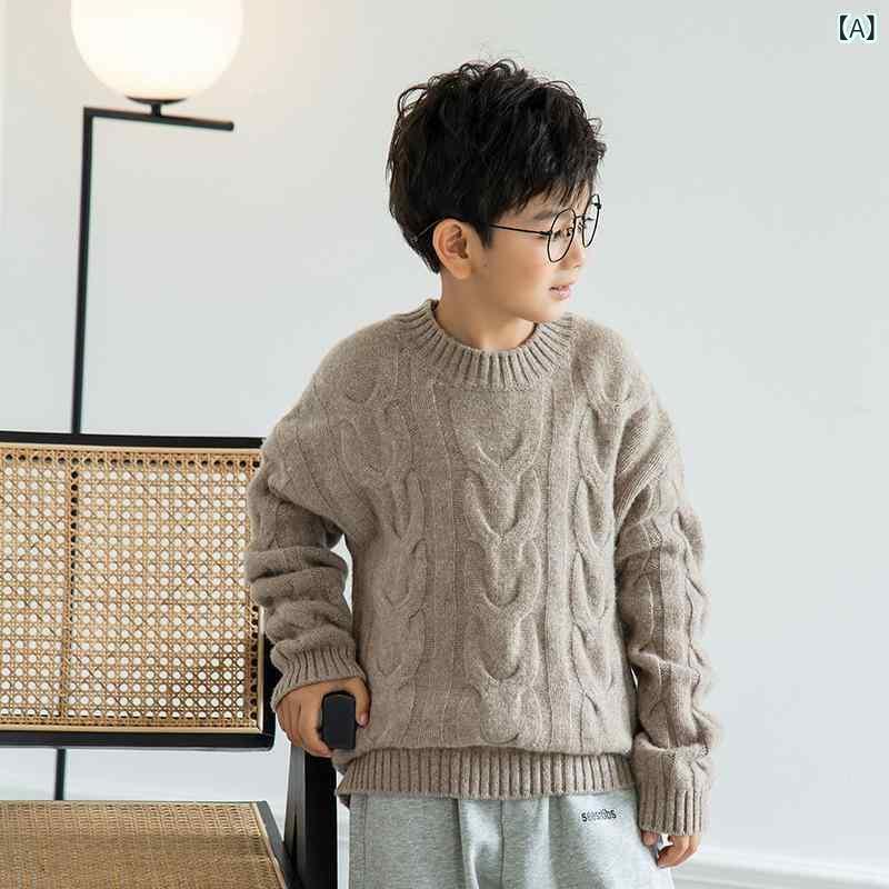 編み物 キッズ お坊っちゃん 男女兼用 お坊っちゃん お嬢さん 朦々たる 羊毛 絨毛 労働者の一団のど首 丸首 ティーシャツ 秋冬 生あたたかい 防寒 無地 長袖 ざっくり編み物 通学 普段使い走り 心地よい お座敷御召しもの