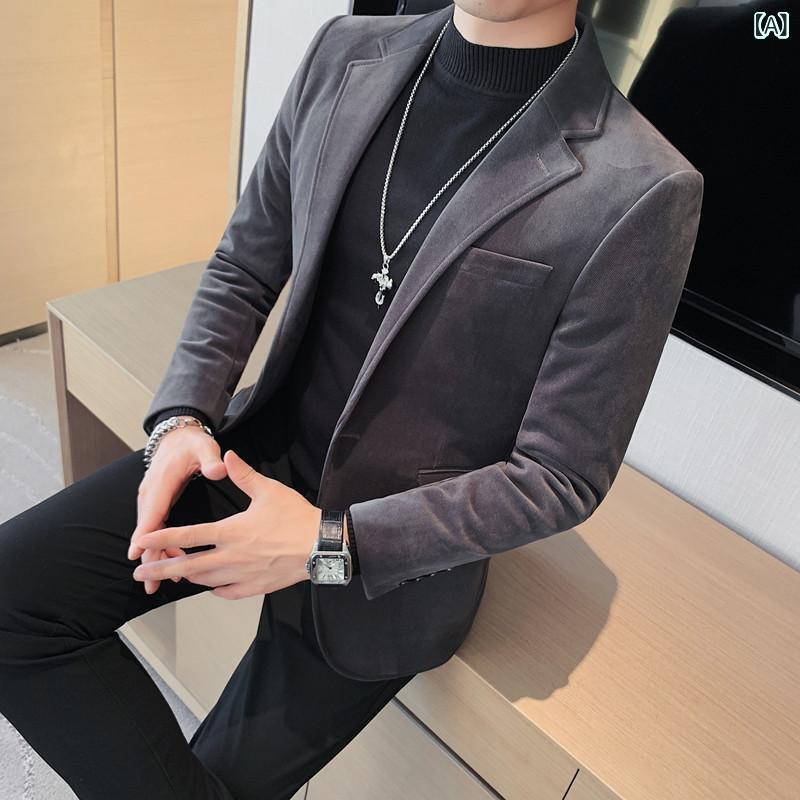 ジャケット メンズ 秋冬 ベロア カジュアル スリムフィット シングルブレスト 1つボタン テーラードカラー ブレザー フォーマル 礼服 普段使い ビジネス パーティー オフィスカジュアル 綿混 ポリエステル 無地 グレー ブラック