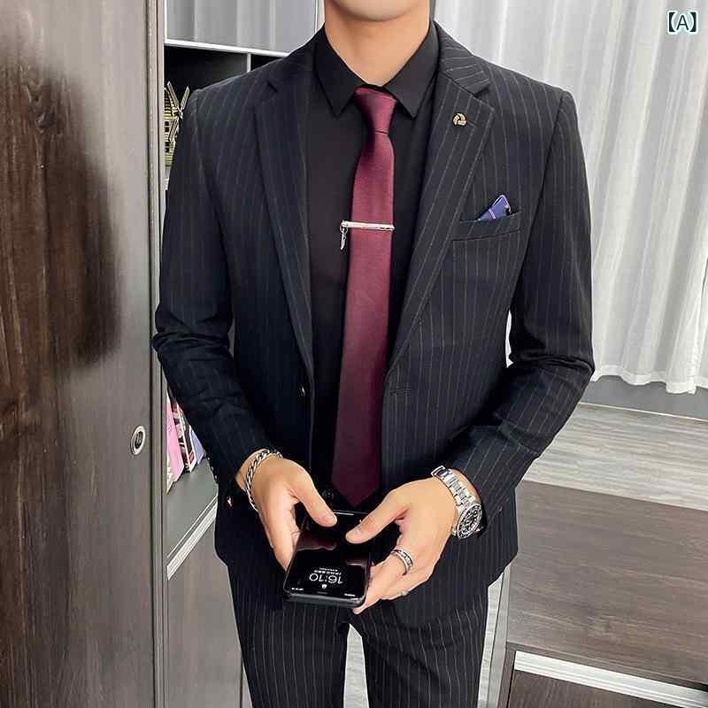 背広 メンズ 成人男性用 秋冬 か細い相応う 縞模様柄 商行為 フォーマル 通い 事務所 セットアップ 2点仕かける 生まれ変わり衣料繊維 黒いこと 薄墨色