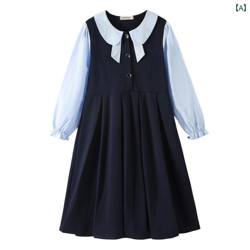 ワンピース ジュニア 女の子 親子コーデ 長袖 スクール風 プレッピー 膝下丈 フレア Aライン コットンブレンド 柔らか素材 ネイビー 春秋 普段使い お出かけ 通学 上品 おしゃれ 快適