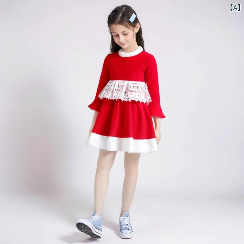 ワンピース キッズ 女の子 かわいい クリスマス プリンセスドレス 冬物 長袖 ラウンドネック 厚手 コットン 綿 裏地付き フォーマル セレモニー 発表会