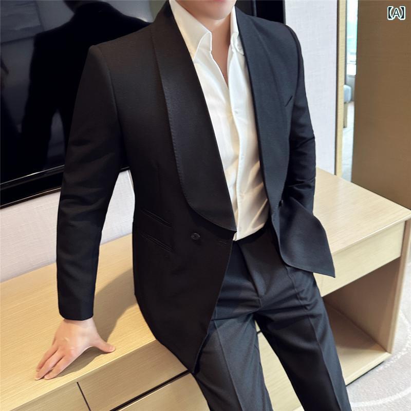 スーツ 男性用 ダブルブレスト ショールカラー セットアップ フォーマル 礼服 ビジネス 結婚式 パーティー スリムフィット スタイリッシュ アセテート繊維 ブラック カーキ ダークグリーン 秋冬