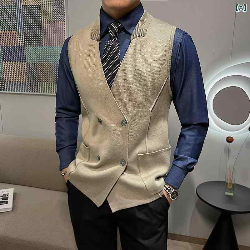 ベスト メンズ ダブルボタン ニット ノースリーブ スリム 秋冬 クルーネック 万能 着回し 普段使い 通勤 ビジネス 上品 大人 重ね着 綿混 ブラック カーキ ベージュ