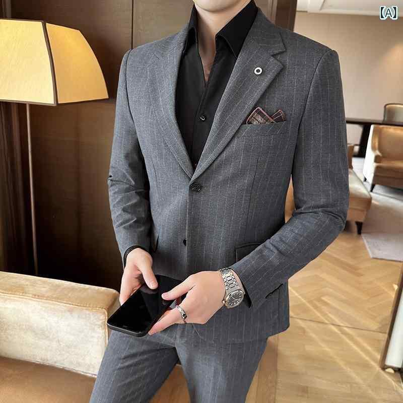 背広 メンズ 秋冬 縞模様 セットアップ 2点仕かける 商行為 通い 心地よい 華燭の典 花むこ か細い相応う シングル 2つ名取り草 ノッチドラペル 側面ベンツ 綿混素材 ともし火商行為