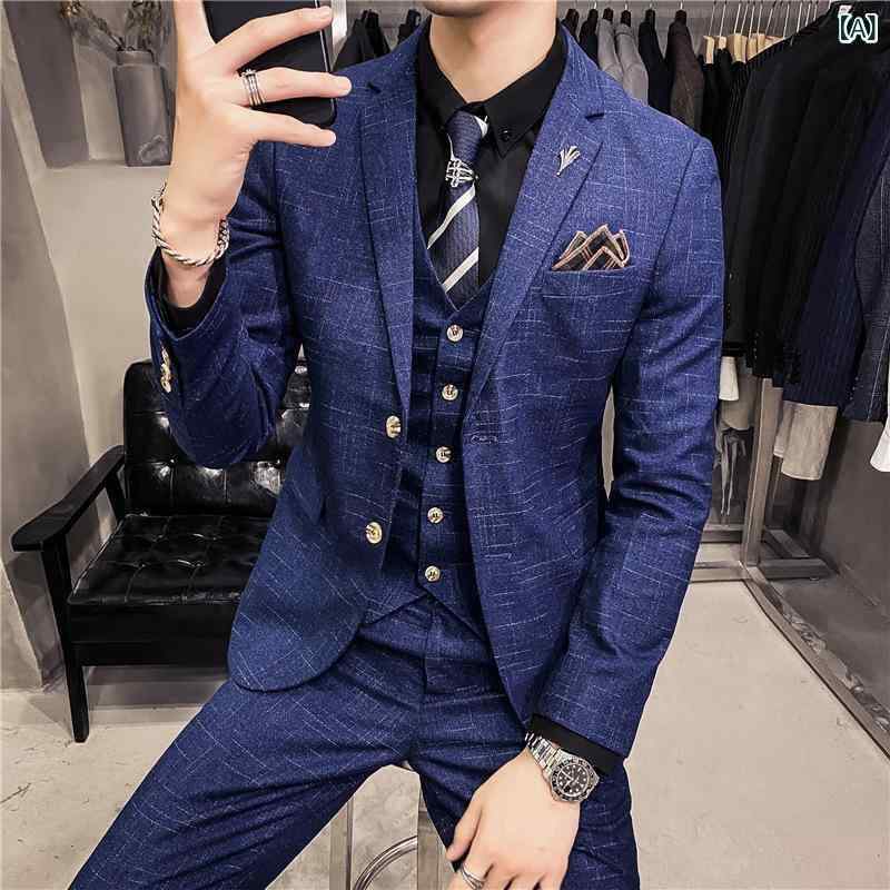 スーツ メンズ 男性用 韓国風 ビジネス フォーマル スリーピース セットアップ スリムフィット 細身 2つボタン シャドー柄 麻混 リネンブレンド ジャケット ベスト スラックス 春夏 ブルー系 ブラック