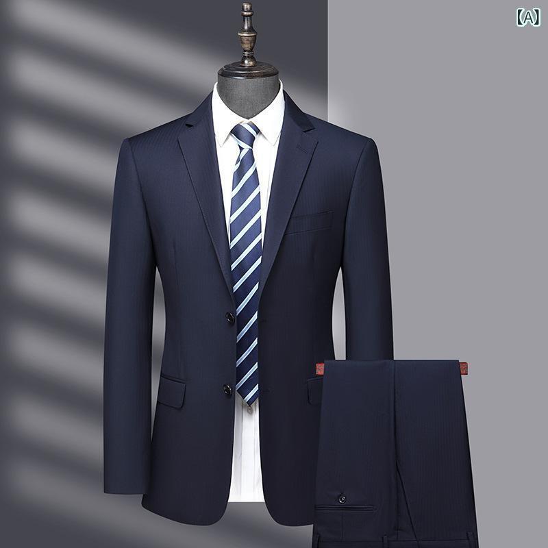 スーツ メンズ 男性用 ウール 羊毛 70% ポリエステル混紡 セットアップ テーラードジャケット パンツ 高級感 ビジネス オフィス 通勤 フォーマル 正装 銀行 公務員 面接 結婚式 パーティー 通気性 長袖 ネイビー 紺 春秋|Hanbok Home