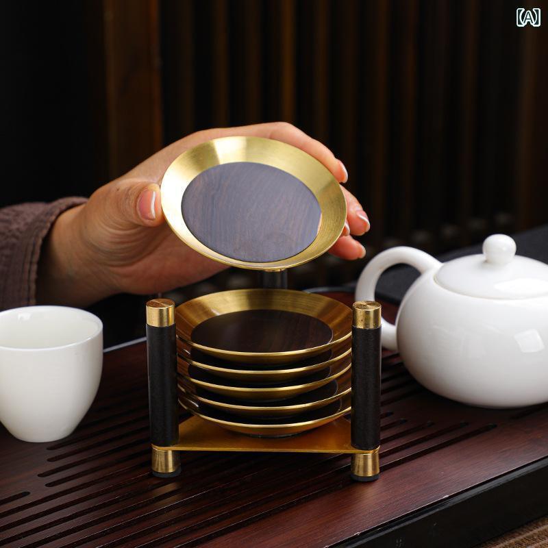 コースター 無垢材 天然木 銅木 円形 丸型 断熱 保温 家庭用 中国茶 茶道 茶托 和モダン 高級感 6枚セット