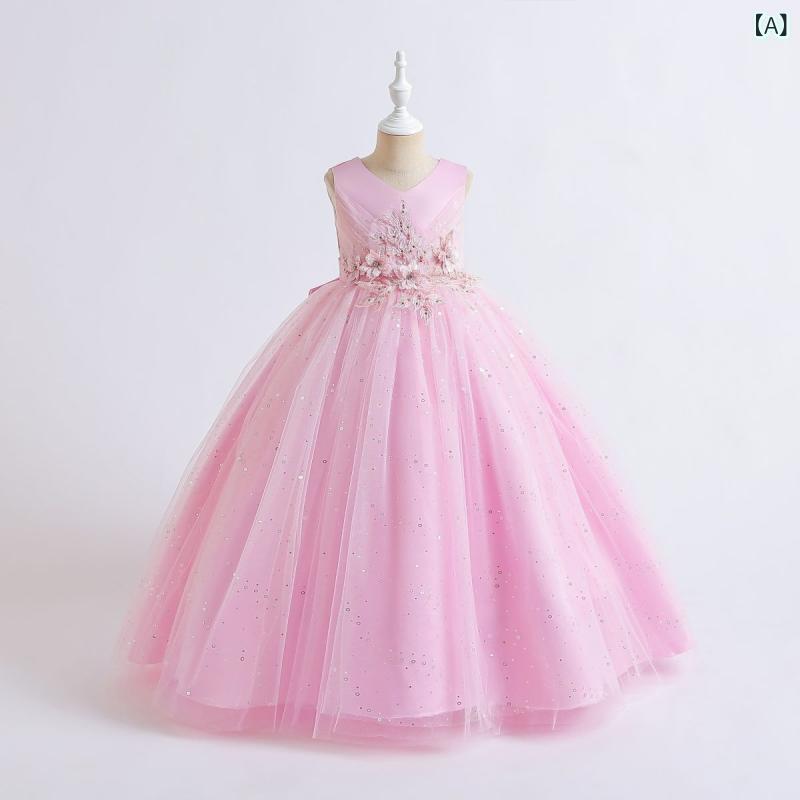 ドレス 女の子 キッズ プリンセス フォーマル 礼服 チュール 欧米風 ピアノ発表会 演奏会 誕生日 バースデー セレモニー 結婚式 パーティー 卒業式 入学式 ピンク ライトブルー 水色 ポリエステル 綿混 かわいい