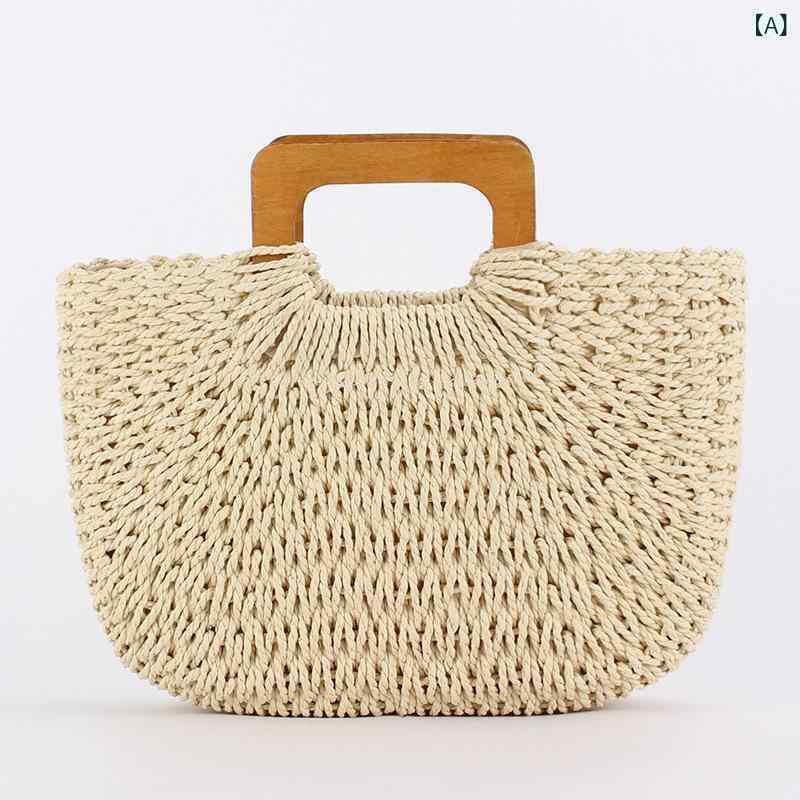 バッグ 手提げ 鞄 ペーパー素材 編み込み ハンドメイド 木製ハンドル 大容量 カジュアル シンプル アーバンカジュアル 普段使い デイリーユース 春夏 ビーチ リゾート トラベル 横型 スクエア 巾着