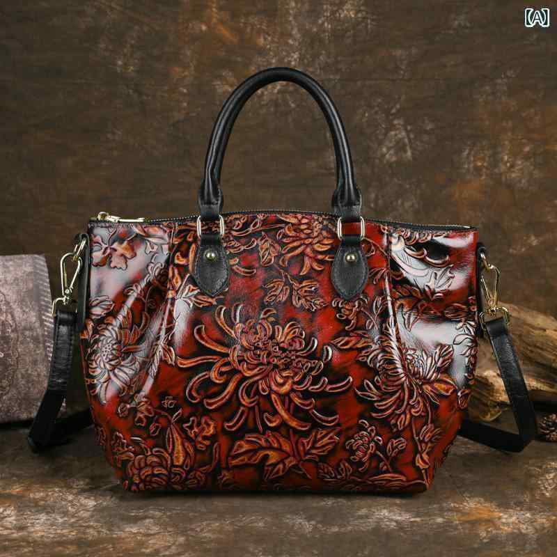 御徒面子 レディース レトロチャイナ風 牛皮 お手々絵の具 立体型押し 横型 真四角 手提げ鞄 デイリー若い衆 細工人手作り