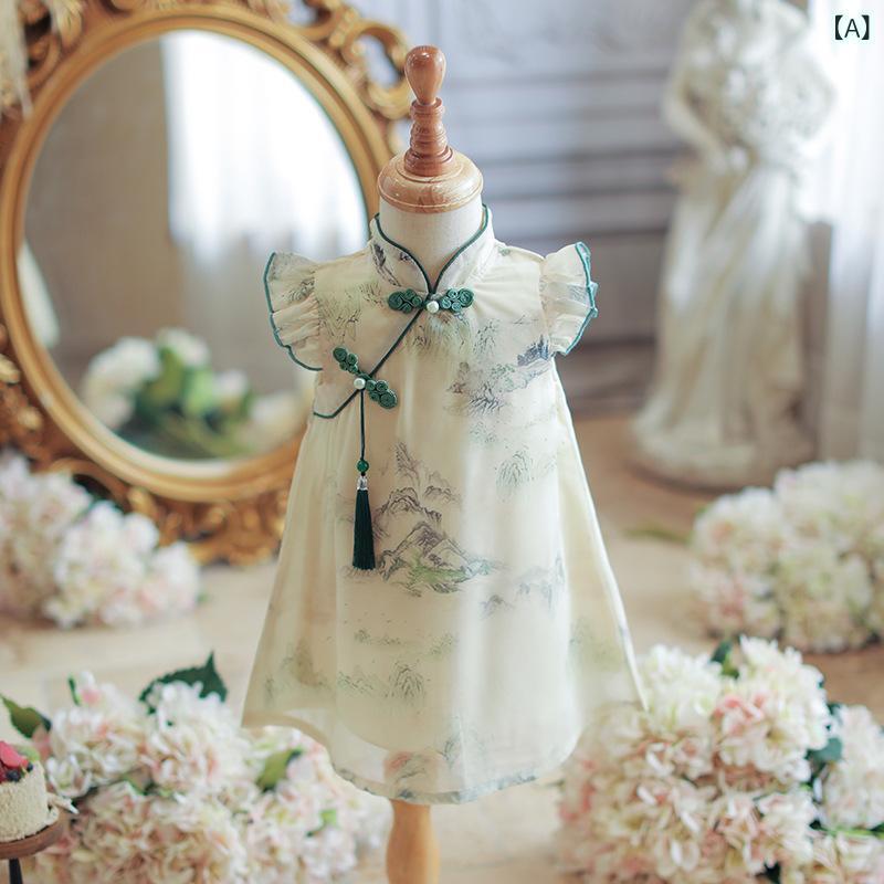 ワンピース 女の子 ベビー キッズ 新中国風 チャイナドレス プリンセスドレス 薄手 軽量 綿 ポリエステル素材 半袖 誕生日 記念日 礼服 セレモニー フォーマル お呼ばれ イベント 夏