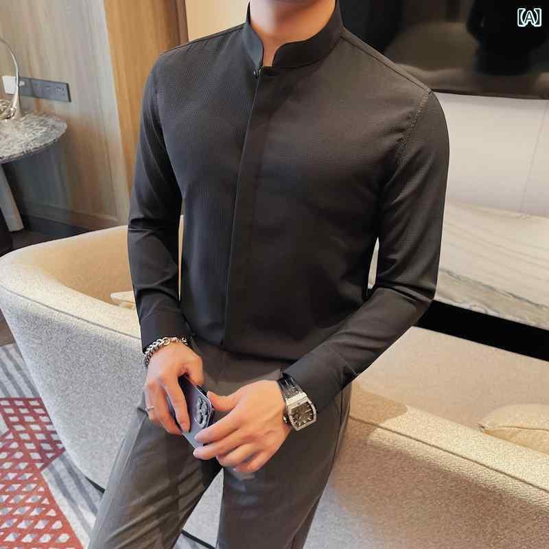シャツ 男性用 スタンドカラー 長袖 スリムフィット 隠しストライプ 上質 大人カジュアル スタイリッシュ 普段使い インナー レイヤード ポリエステル 春夏