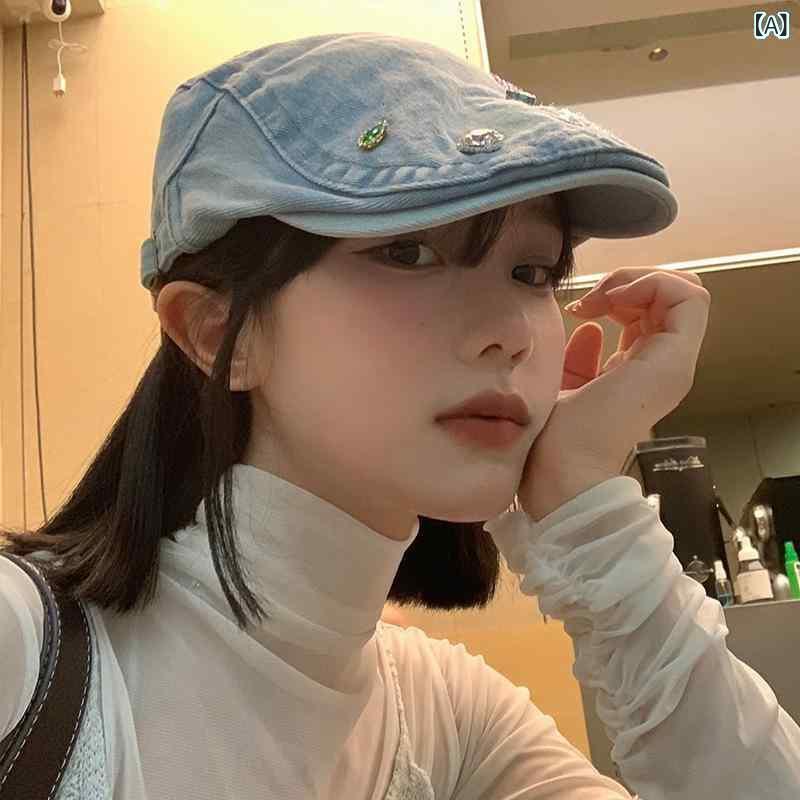 ベレー帽 レディース 女性用 ウォッシュド加工 デニム ユーズド加工 ヴィンテージ風 春夏 韓国風 小顔効果 ゆったりサイズ 合わせやすい カジュアル 日よけ 通気性 ブルー グレー