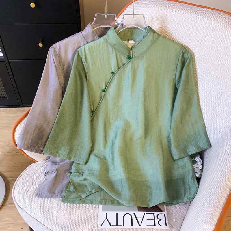 シャツ 女性用 七分袖 短丈 レトロ 中華風 アジアン ゆったり チャイナボタン 立ち襟 無地 プルオーバー ポリエステル 春夏 グリーン パープル カジュアル
