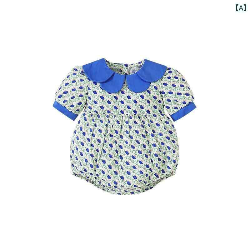 ロンパース 新生児 ベビー 女の子 夏物 ブルー 小花柄 綿 半袖 薄手 コットン カバーオール ボディスーツ 肌着 快適 普段着 お出かけ おしゃれ かわいい スナップボタン