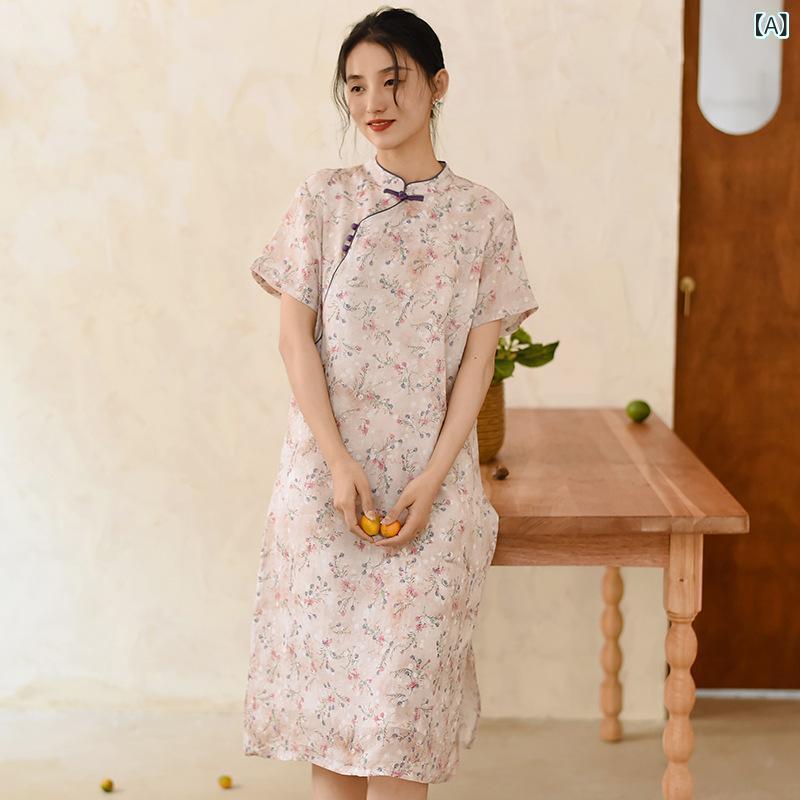 ワンピース レディース 女性用 リネン 苧麻 新中華風 改良チャイナドレス 小花柄 フラワー柄 半袖 スタンドカラー Aライン レトロ ヴィンテージ エレガント 春夏 お茶会 普段使い ゆったり