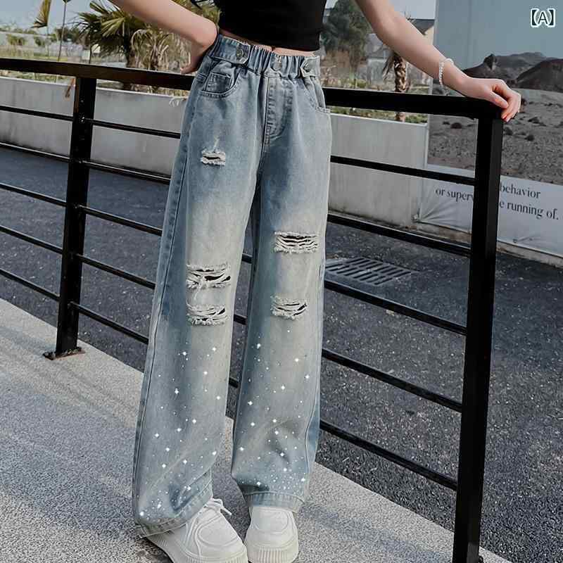 デニムパンツ キッズ 女の子 ジュニア 春夏 韓国風 ダメージ ラインストーン ワイドパンツ ブルー 綿混 ハイウエスト ウエストゴム ロング丈 柔らかな肌触り 普段使い ストリート カジュアル おしゃれ ボトムス