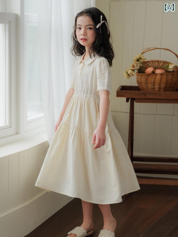 ワンピース ガールズ 女児 中学生 小学生 ジュニア 付け襟 半袖 Aライン ウエストマーク ゆったり 韓国風 綿 コットン ブラック ドレス 通学 普段使い フォーマル カジュアル 夏服