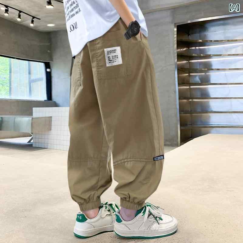 パンツ 男の子 ジュニア キッズ カジュアル ロング丈 ゆったり 通気性 虫よけ カーゴ コットン ソフト加工 ウエストゴム 普段使い 春夏 カーキ ブラック