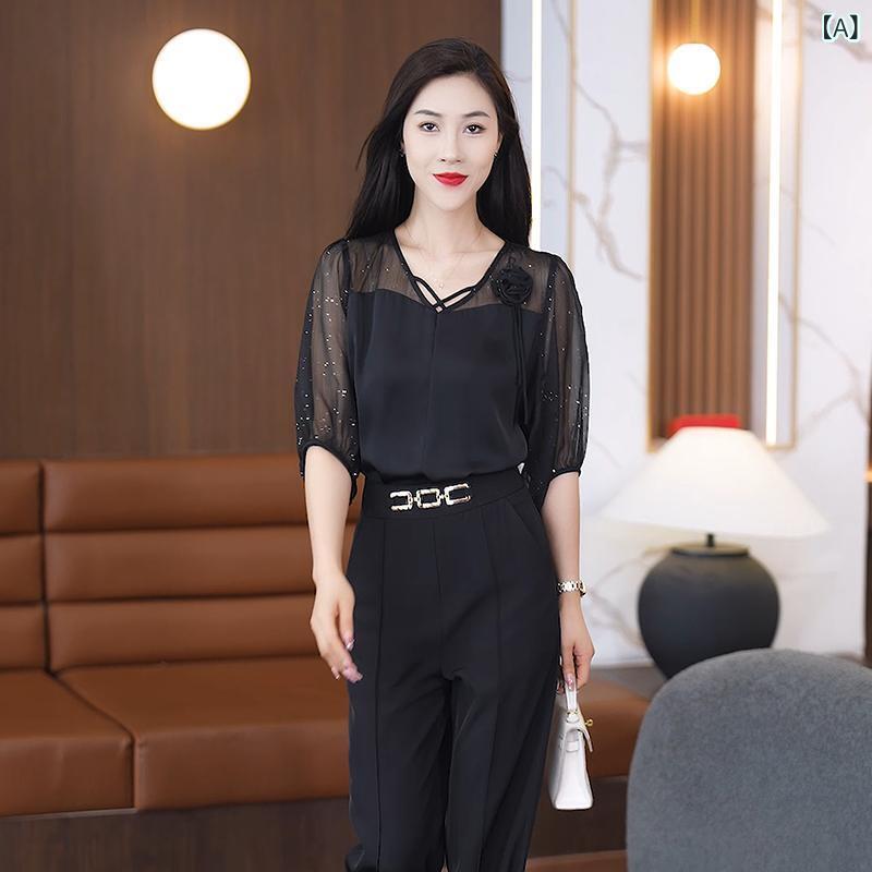 ブラウス レディース 女性用 シフォン ポリエステル Vネック 半袖 スリムフィット 着痩せ 若見え 上品 エレガント きれいめ おしゃれ 通勤 オフィス 普段使い ブラック レッド 春夏 トップス