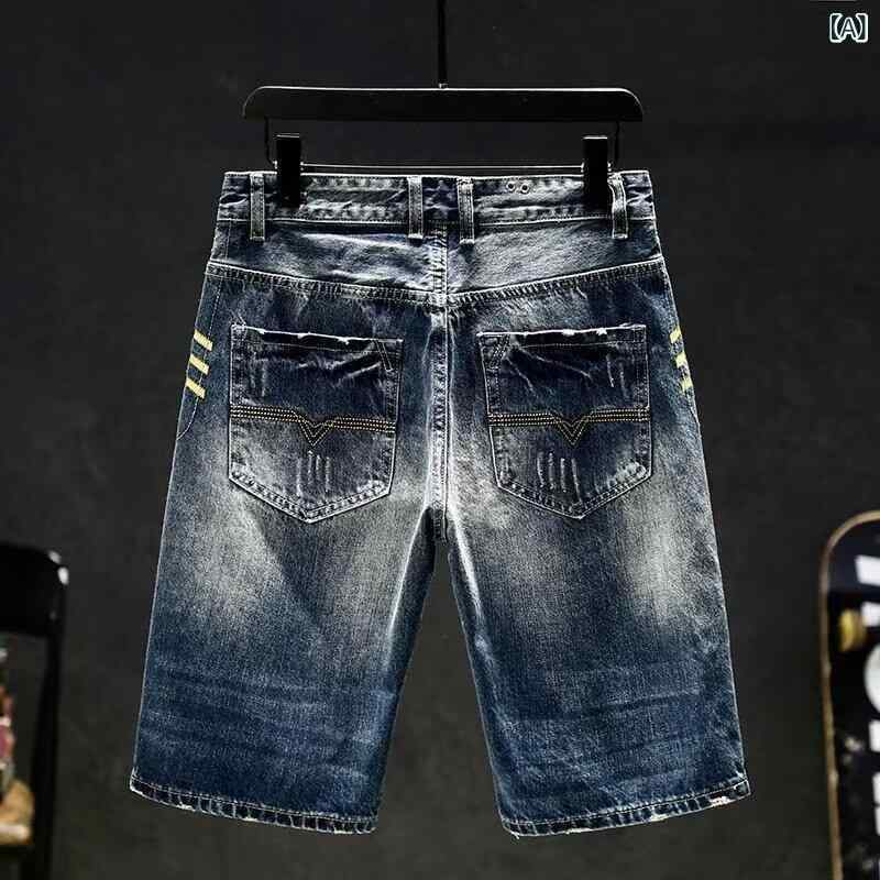 デニムショートパンツ メンズ ストレッチ スリムフィット ストレート 夏 アメカジ ストリート カジュアル 普段使い タウンユース 綿混 ウォッシュ加工 ダークブルー 濃紺